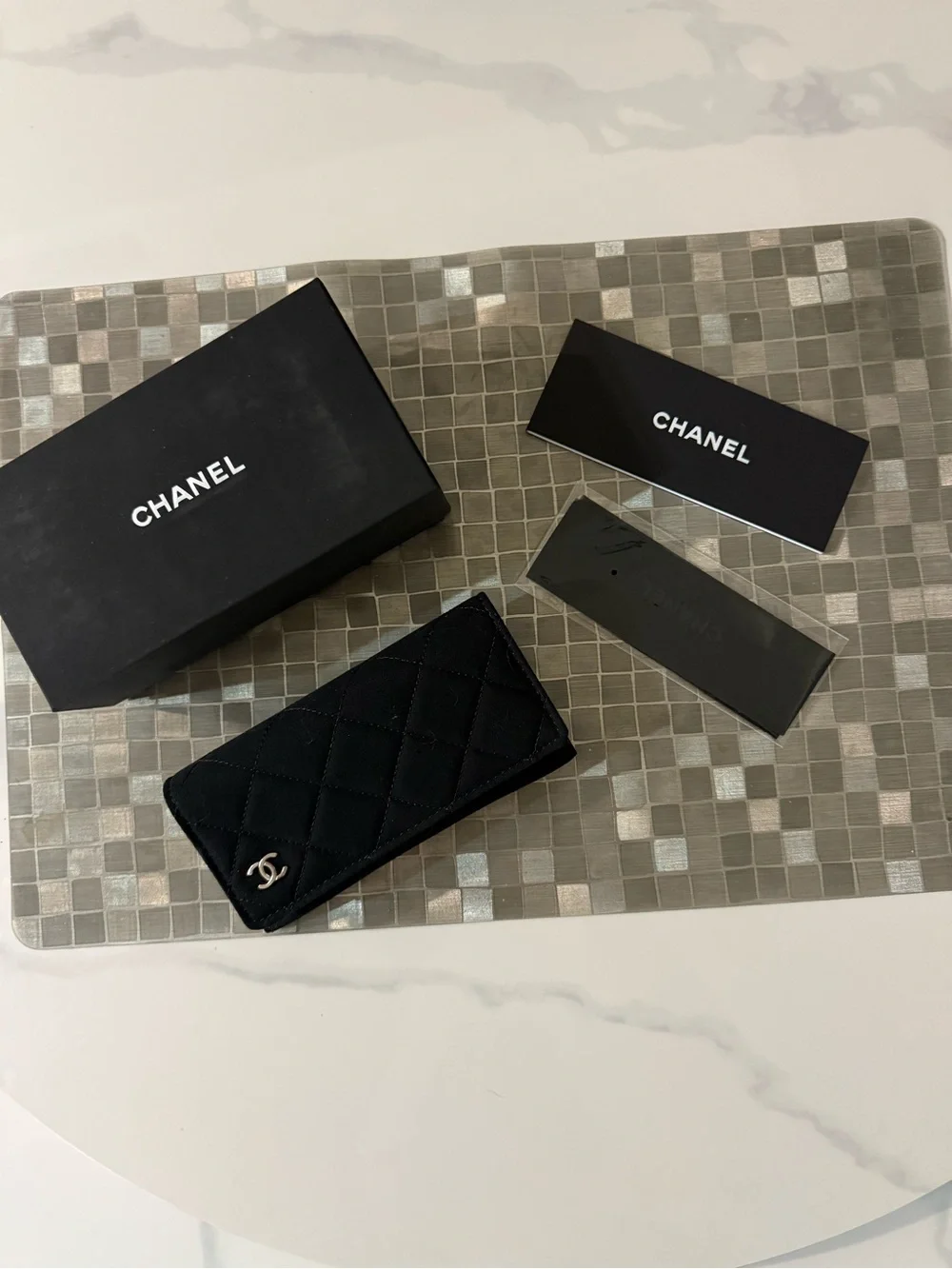 CHANEL Black Quilted glasses case with Silver CC Accent